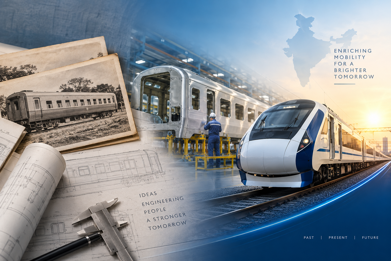 Archival drawings alongside a modern AIRFLOA train